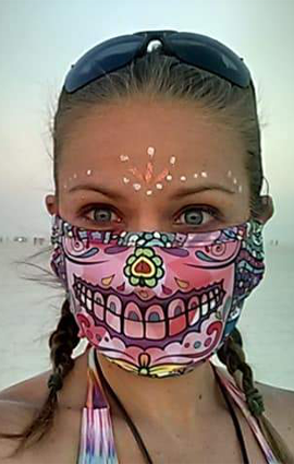 wild mask Burning Man photo of girl in hazy desert