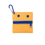 orange zippered carrying pouch with eyes, carabiner, and cute happyface logo for your face mask