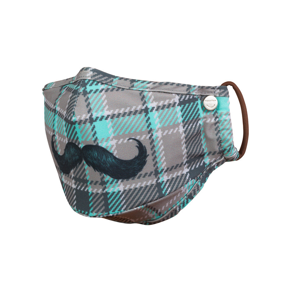 designer face mask with mustache on plaid for pollution, allergy, germ, virus protection, nose piece and filter insert 