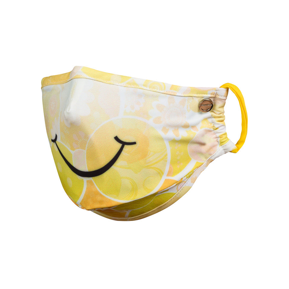 designer yellow smiley face mask for pollution, allergy, germ, virus protection includes nose piece and filter insert pocket